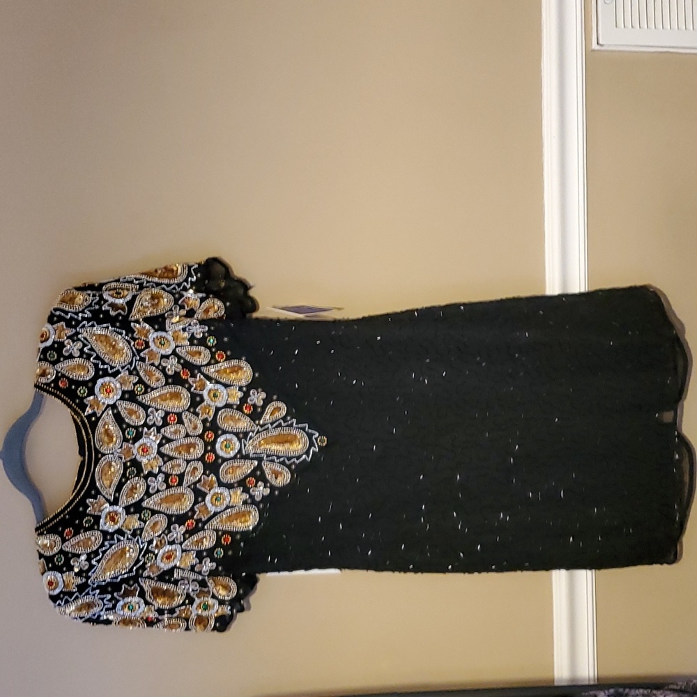 Swee Lo New York Black Silk Dress With Paisley Sequin Detail Size L NWT'S